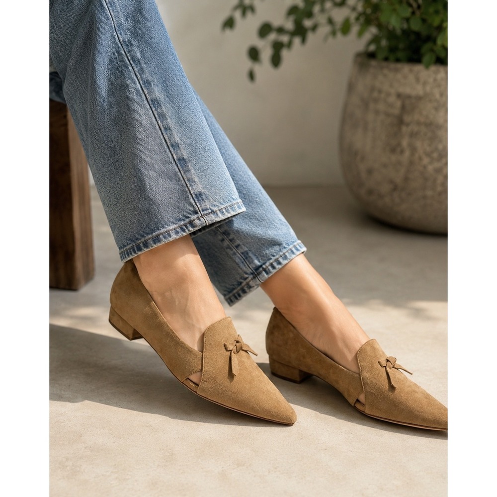 Cole Haan Grand 360 Womens 9B Tan Suede Pointed Toe Bow Loafer Flats Cutout Heel